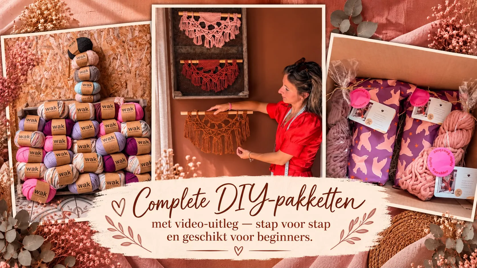 Complete DIY-pakketten met video-uitleg, stap voor stap en geschikt voor beginners — Priscilla bij macramé-wandhangers, bollen garen en ingepakte pakketten